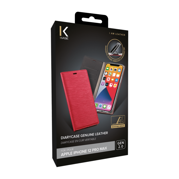 Diarycase 2.0 Coque clapet en cuir v&eacute;ritable avec support aimant&eacute; pour Apple iPhone 12 Pro Max, Rouge Bordeaux