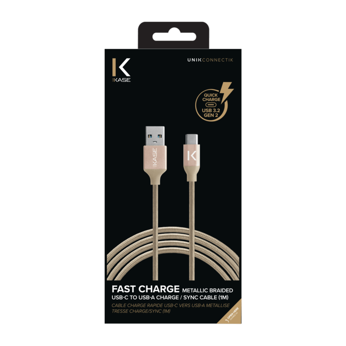 C&acirc;ble USB 3.2 Gen 2 charge rapide USB-C vers USB-A m&eacute;tallis&eacute; tress&eacute; Charge/sync (1M), Or