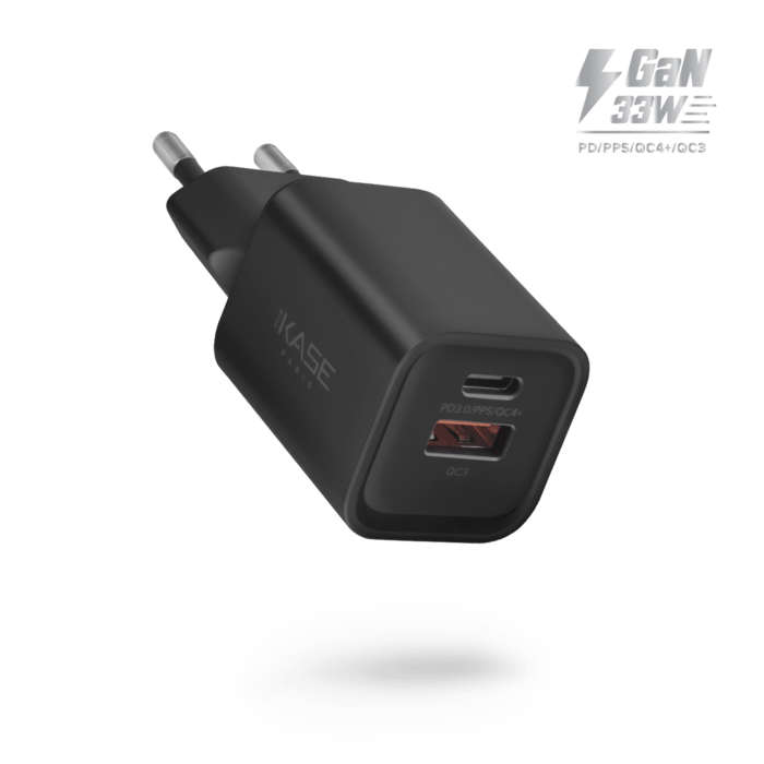 Chargeur Mural Double Port Supreme Power GaN Fabriqu&eacute; Avec du 100% Plastique Recycl&eacute; - 33 W (PPS), Noir
