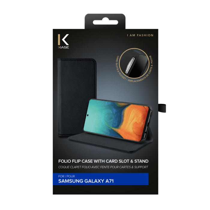 Coque clapet folio avec fente pour cartes & support pour Samsung Galaxy A71, Noir