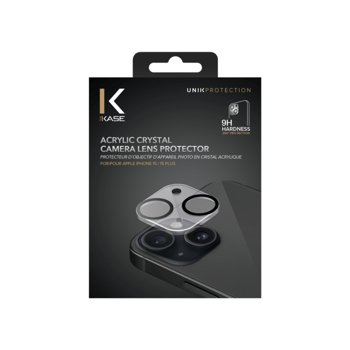 Protecteur d'objectif d'appareil photo en cristal acrylique pour Apple iPhone15/14 Plus, transparent