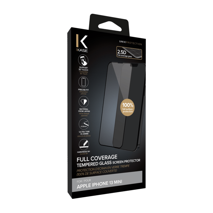 Protection d'&eacute;cran en verre tremp&eacute; (100% de surface couverte) pour Apple iPhone 13 mini, Noir