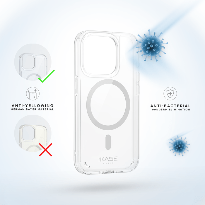 Coque antibactérienne antichoc magnétique invisible Fabriqué Avec du 75% Plastique Recyclé pour Apple iPhone 15 Pro, Transparente