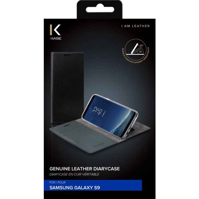 Diarycase Coque clapet en cuir v&eacute;ritable avec support aimant&eacute; pour Samsung Galaxy S9 , Noir L&eacute;zard