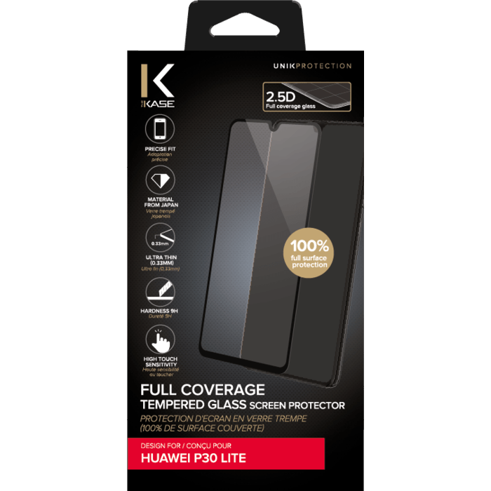 Full Coverage Tempered Glass Screen Protector for Huawei P30 Lite, Black