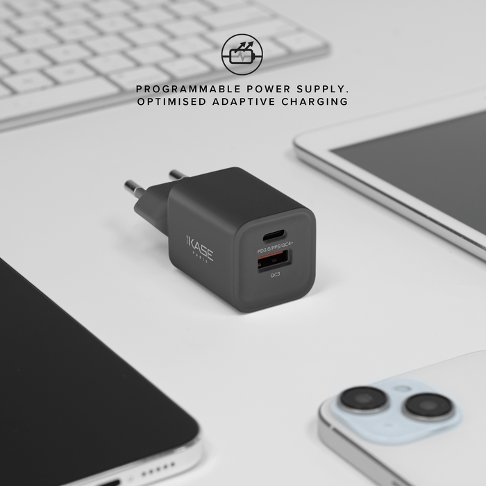 Chargeur Mural Double Port Supreme Power GaN Fabriqu&eacute; Avec du 100% Plastique Recycl&eacute; - 33 W (PPS), Noir