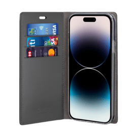 Diarycase 2.0 Coque clapet en cuir v&eacute;ritable avec support aimant&eacute; pour Apple iPhone 14 Pro, Minuit Noir