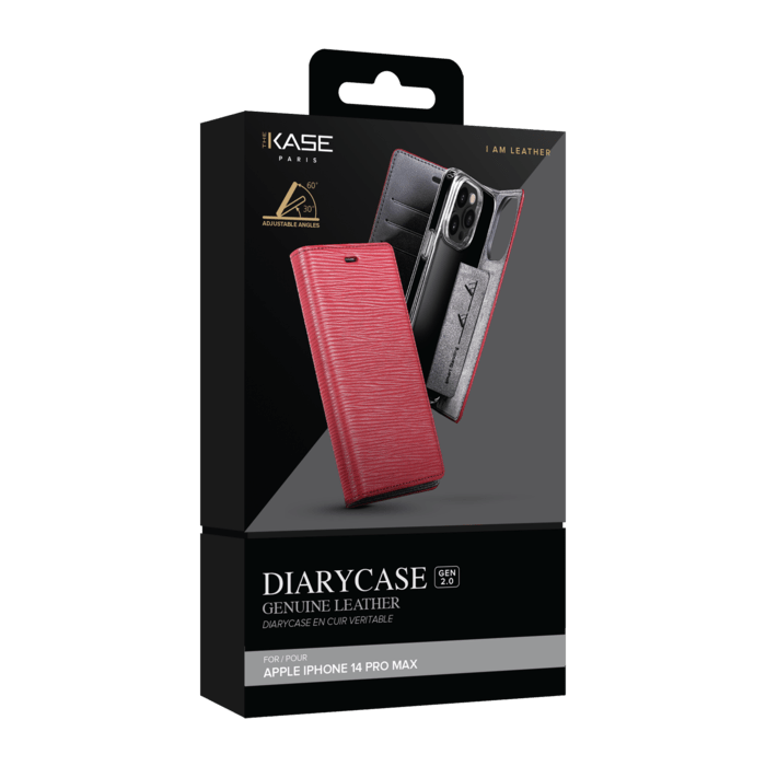 Diarycase 2.0 Coque clapet en cuir v&eacute;ritable avec support aimant&eacute; pour Apple iPhone 14 Pro Max, Rouge Bordeaux