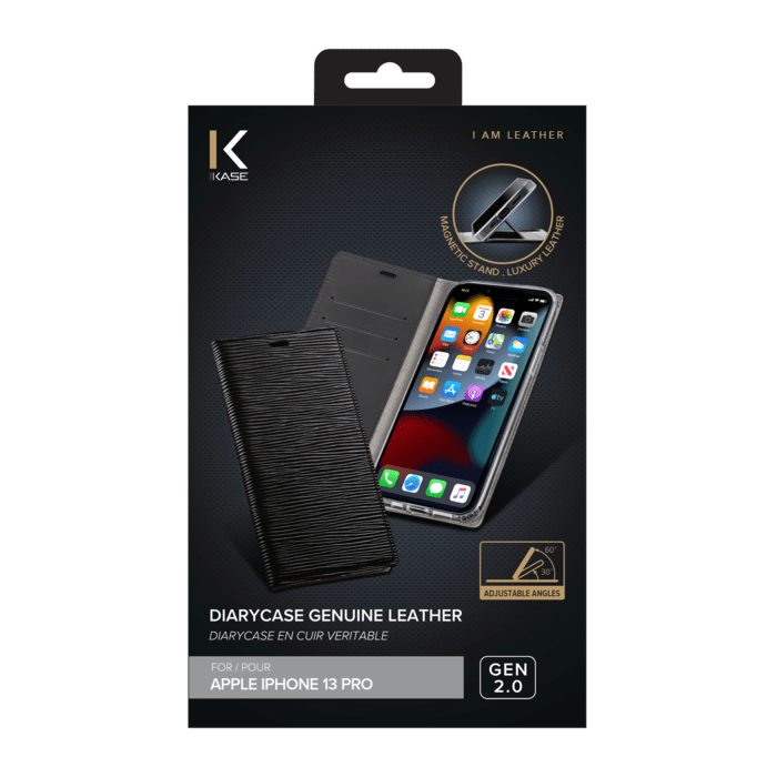 Diarycase 2.0 Coque clapet en cuir v&eacute;ritable avec support aimant&eacute; pour Apple iPhone 13 Pro, Noir Minuit