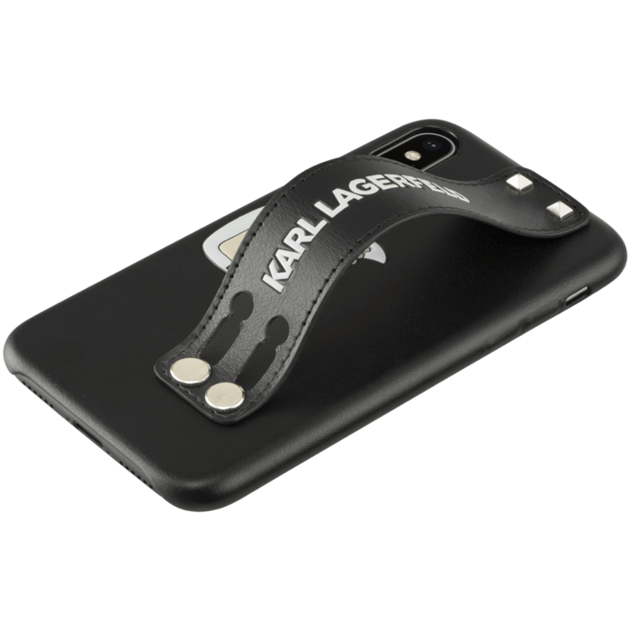 Coque Karl Lagerfeld clout&eacute;e avec dragonne int&eacute;gr&eacute;e et support pour Apple iPhone X/XS, Noir