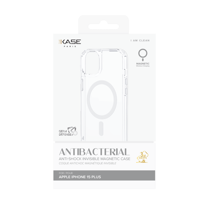 Coque antibactérienne antichoc magnétique invisible pour Apple iPhone 15 Plus, Transparente