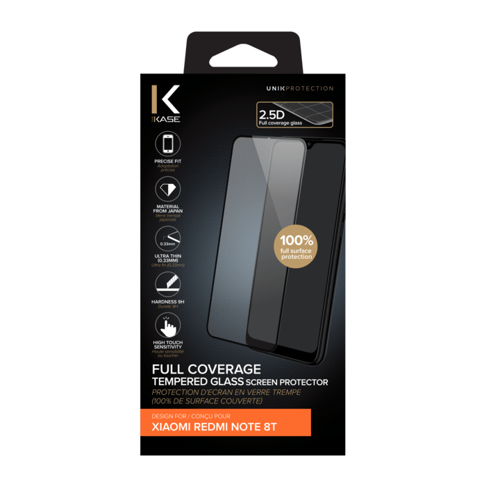 Protection d'écran en verre trempé (100% de surface couverte) pour Xiaomi Redmi Note 8T, Noir