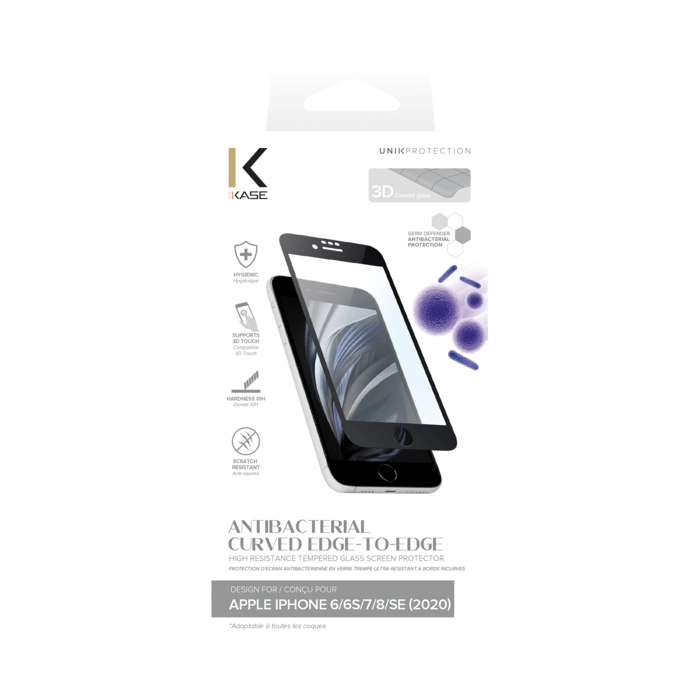 Protection d&rsquo;&eacute;cran antibact&eacute;rienne en verre tremp&eacute; ultra-r&eacute;sistant &agrave; bords incurv&eacute;s pour Apple iPhone 6/6s/7/8/SE 2020, Noir