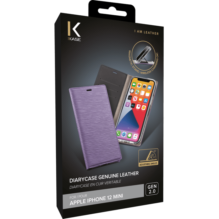 Diarycase 2.0 Coque clapet en cuir v&eacute;ritable avec support aimant&eacute; pour Apple iPhone 12 mini, Violet Lilas