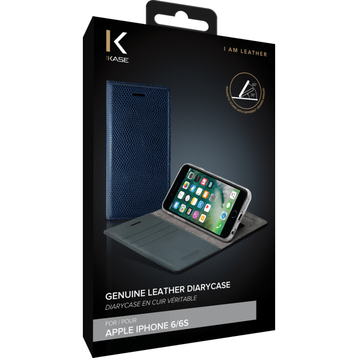 Diarycase Coque clapet en cuir véritable avec support aimanté pour Apple iPhone 6/6s, Bleu Marine Lézard