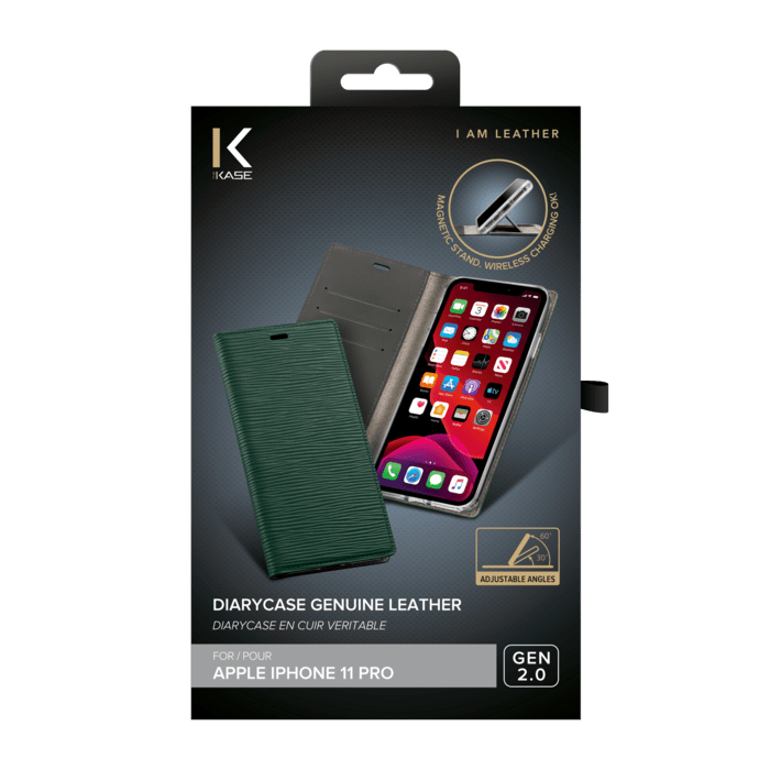 Diarycase 2.0 Genuine Leather flip case with magnetic stand for Apple iPhone 11 Pro, Midnight Green