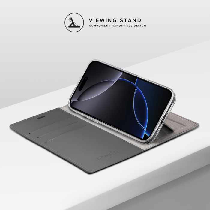 Diarycase 2.0 Coque clapet en cuir v&eacute;ritable avec support aimant&eacute; et fabriqu&eacute; avec un &eacute;tui en plastique recycl&eacute; pour Apple iPhone 16 Pro, Noir Minuit