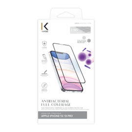 Protection d&rsquo;&eacute;cran antibact&eacute;rienne en verre tremp&eacute; ultra-r&eacute;sistant (100% de surface couverte) pour Apple iPhone 13/13 Pro, Noir