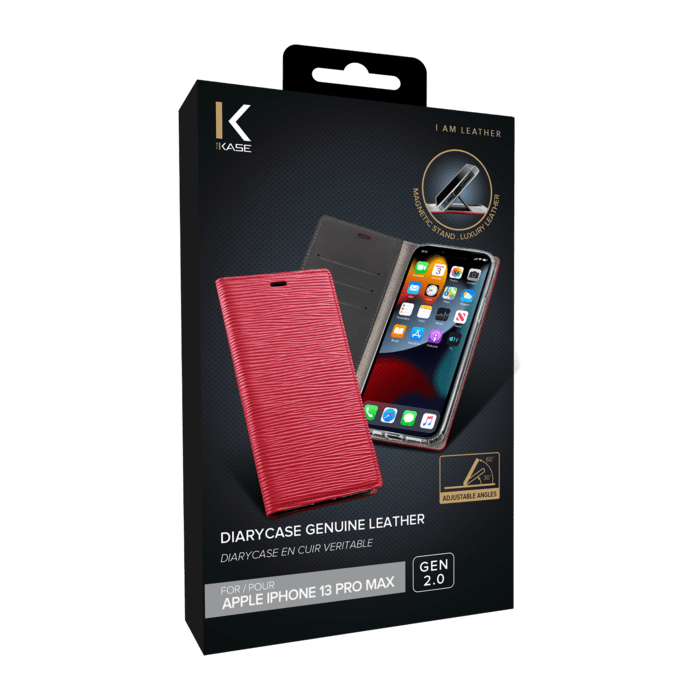 Diarycase 2.0 Genuine Leather flip case with magnetic stand for Apple iPhone 13 Pro Max, Maroon Red