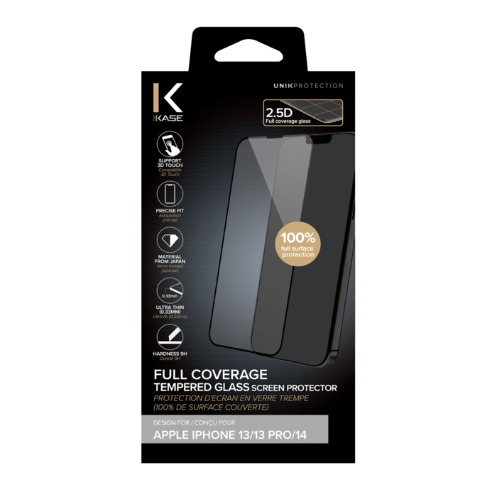 Protection d'&eacute;cran en verre tremp&eacute; (100% de surface couverte) pour Apple iPhone 13/ 13 Pro/ 14, Noir