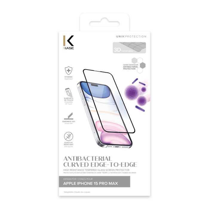 Protection d’écran antibactérienne en verre trempé ultra-résistant à bords incurvés pour Apple iPhone 15 Pro Max, Noir