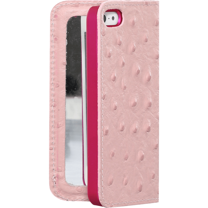 Coque Clapet avec miroir pour Apple iPhone 5/5s/SE, cuir Autruche Rose