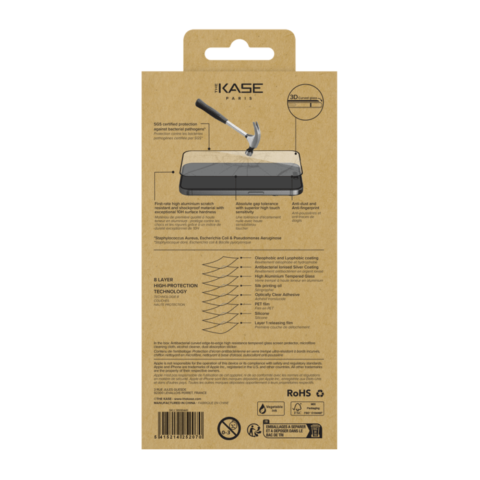 Protection d&rsquo;&eacute;cran antibact&eacute;rienne en verre tremp&eacute; ultra-r&eacute;sistant &agrave; bords incurv&eacute;s (60% verre tremp&eacute; recycl&eacute;) pour Apple iPhone 16 Pro, Noir