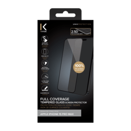 Protection d'&eacute;cran en verre tremp&eacute; (100% de surface couverte) pour Apple iPhone 15 Pro Max, Noir