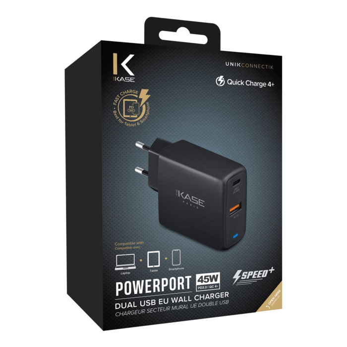 Universal PowerPort Speed+ Quick Charge 45W Dual USB EU Wall Charger (QC 4+/Power Delivery), Black