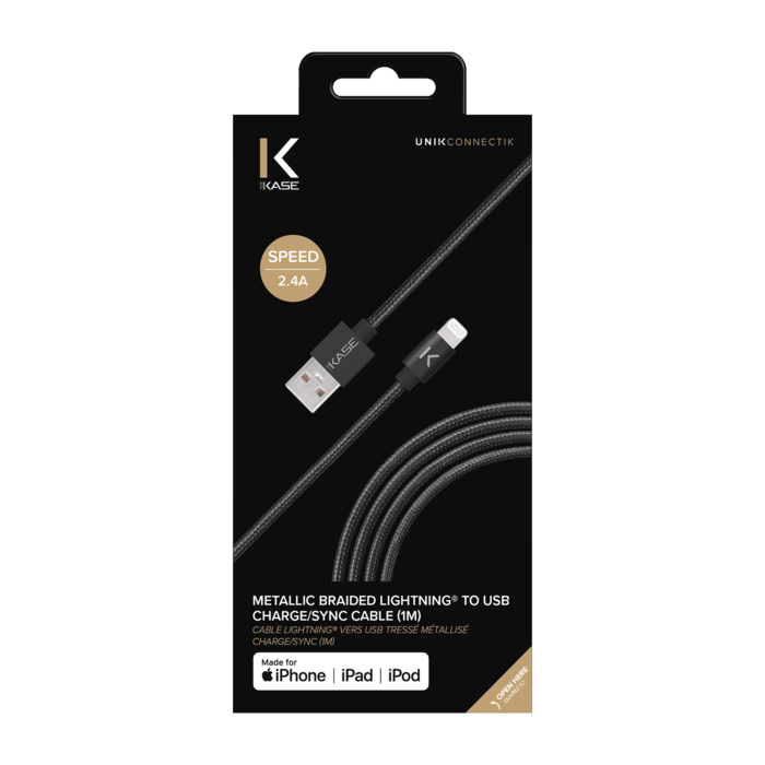 Apple MFi Certified Metallic Braided Lightning to USB Charge/Sync Cable (1M), Black