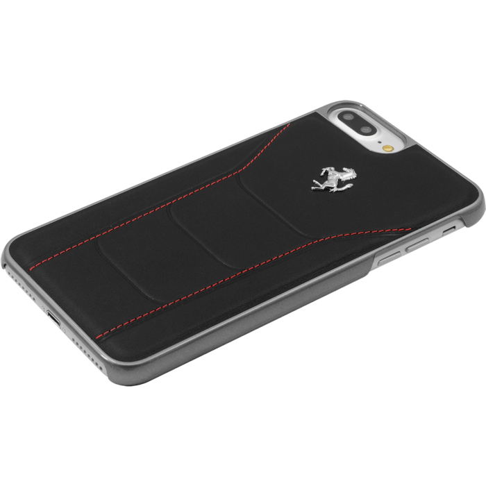 Ferrari 488 Coque en cuir veritable pour Apple iPhone 6 Plus/ 6s Plus/ 7 Plus/ 8 Plus, Noir/Logo cheval argent