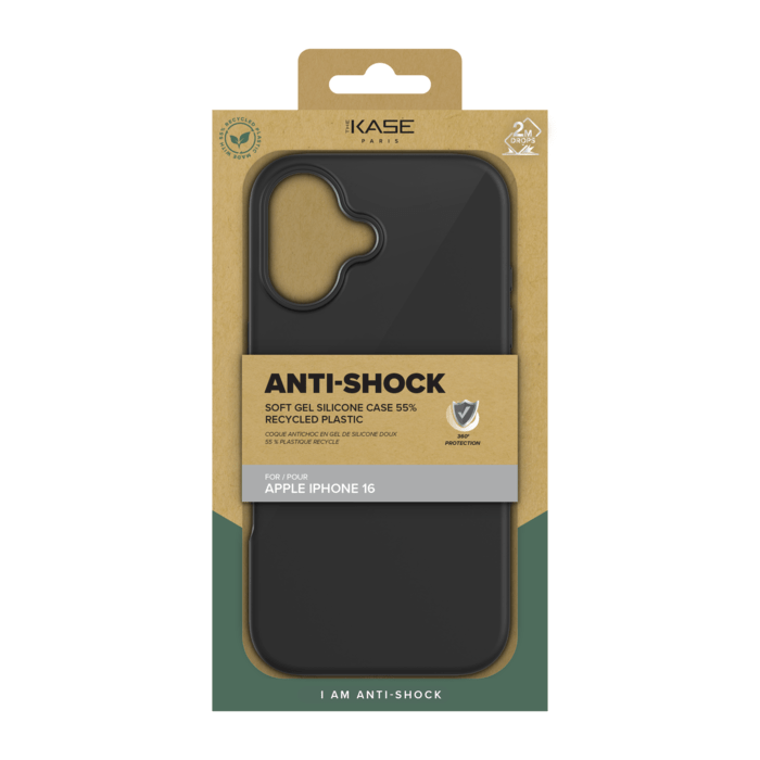 Coque antichoc en gel de silicone doux pour 55% de plastique recycl&eacute; Apple iPhone 16, Noir satin