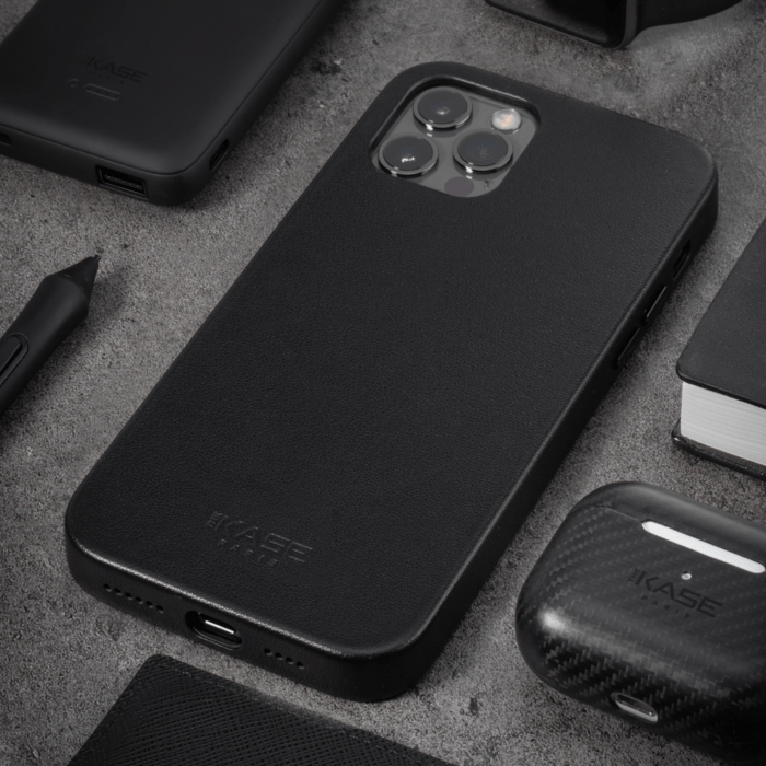 Coque magn&eacute;tique en cuir v&eacute;ritable artisanal pour Apple iPhone 12 Pro Max, Minuit Noir
