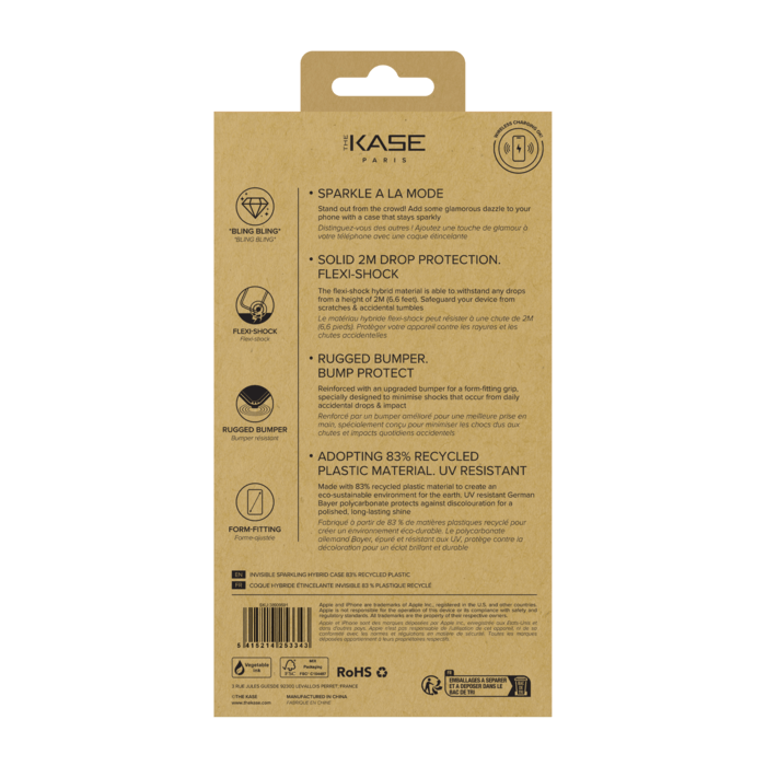 Coque hybride &eacute;tincelante invisible GEN 2.0 83% de plastique recycl&eacute; pour Apple iPhone 16 Pro, Transparente