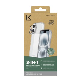Pack combin&eacute; 3 en 1 (Coque hybride invisible, &Eacute;cran en verre tremp&eacute; de qualit&eacute; sup&eacute;rieure et  Protecteur de l&rsquo;objectif de la cam&eacute;ra) pour Apple iPhone 16 Plus, Transparente