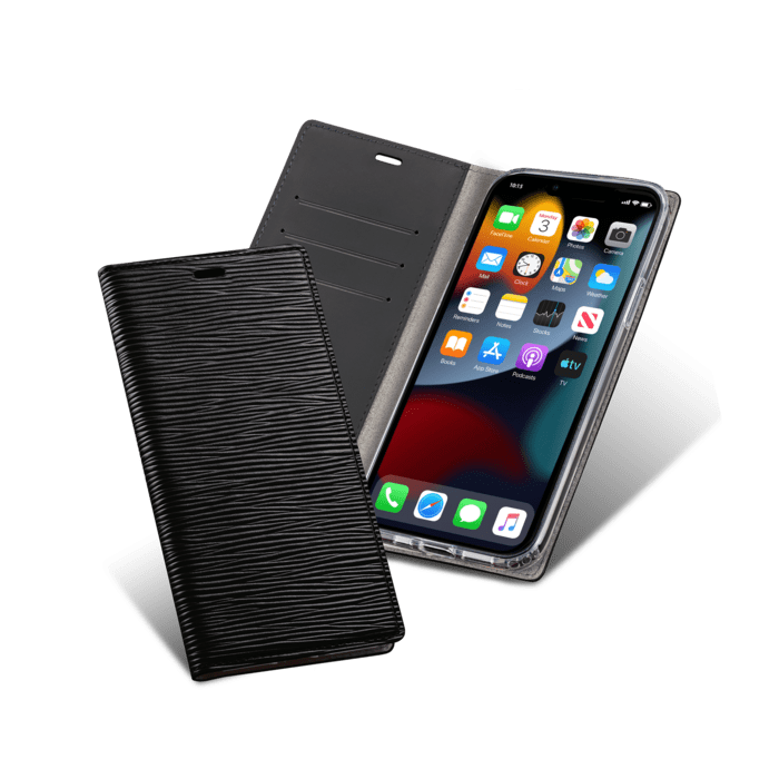 Diarycase 2.0 Coque clapet en cuir véritable avec support aimanté pour Apple iPhone 13 mini, Noir Minuit