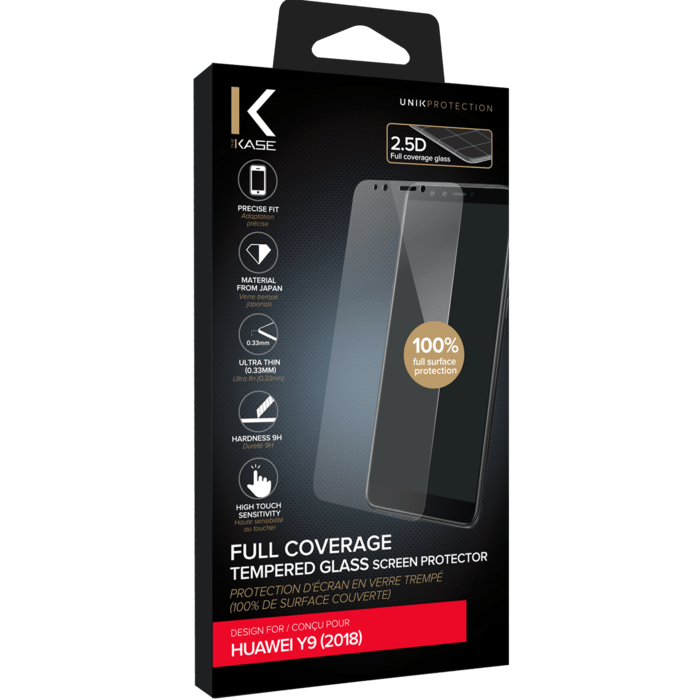 Protection d'&eacute;cran en verre tremp&eacute; (100% de surface couverte) pour Huawei Y9 (2018), Transparent