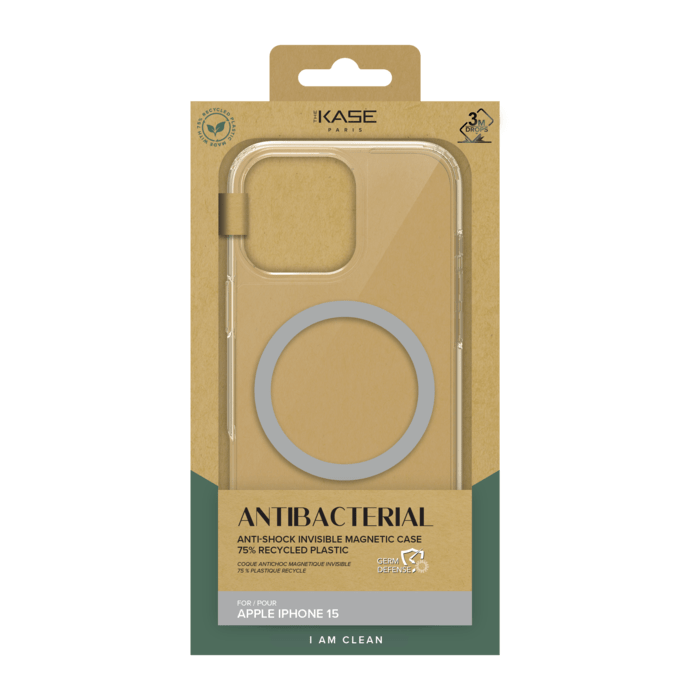 Coque antibact&eacute;rienne antichoc magn&eacute;tique invisible Fabriqu&eacute; Avec du 75% Plastique Recycl&eacute; pour Apple iPhone 15, Transparente