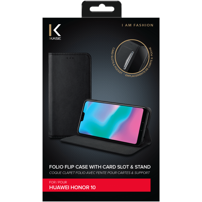 Coque clapet folio avec fente pour cartes & support pour Huawei Honor 10 Noir