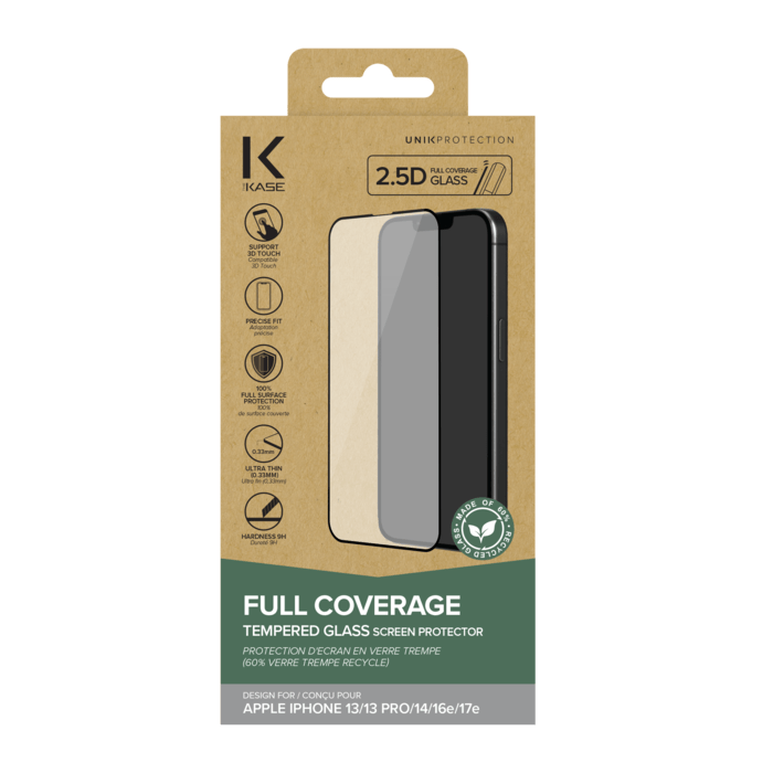 Protection d'&eacute;cran en verre tremp&eacute; (60% verre tremp&eacute; recycl&eacute;) pour Apple iPhone 13/13 Pro/14/16e/17e, Noir