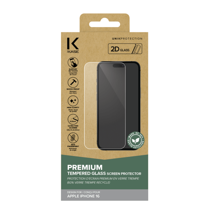 Protecteur d'&eacute;cran en verre tremp&eacute; de qualit&eacute; sup&eacute;rieure (60% verre tremp&eacute; recycl&eacute;) pour Apple iPhone 16, Transparent