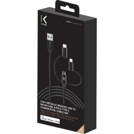 3-in-1 Metallic Braided USB to Micro-USB, Apple MFi certified Lightning® & Type C Charge/Sync Cable (1M)
