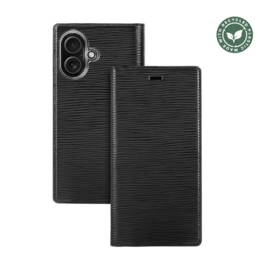 Diarycase 2.0 Coque clapet en cuir v&eacute;ritable avec support aimant&eacute; et fabriqu&eacute; avec un &eacute;tui en plastique recycl&eacute; pour Apple iPhone 16, Noir Minuit