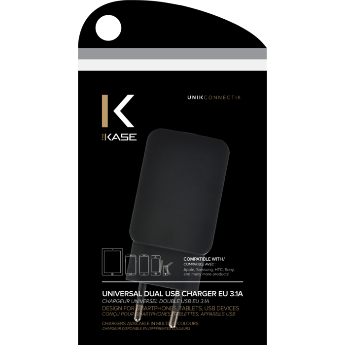 Chargeur Universel Double USB (EU) 3.1A, Noir de Jais