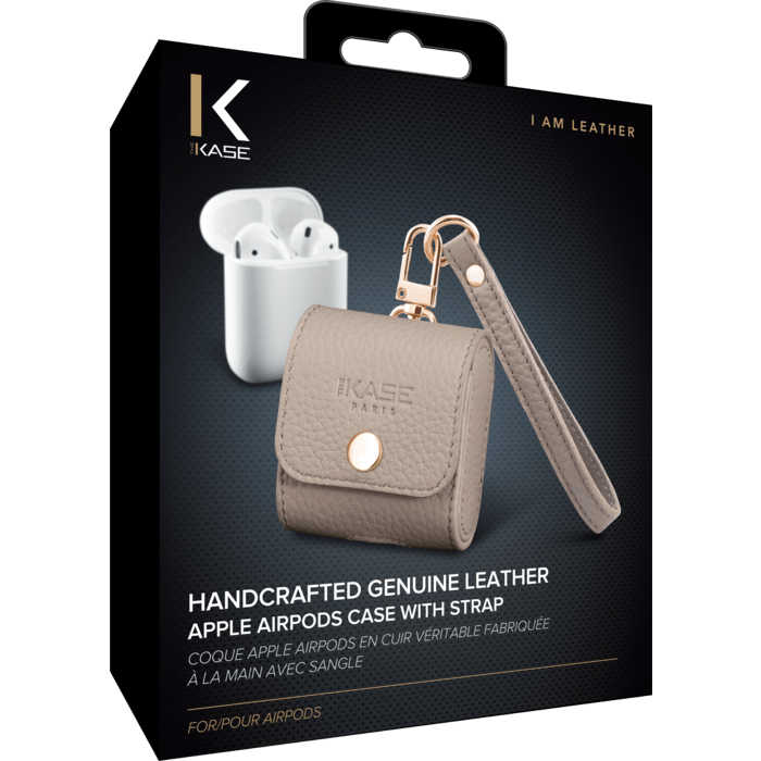 Coque Apple Airpods en cuir v&eacute;ritable fabriqu&eacute;e &agrave; la main avec sangle, Beige