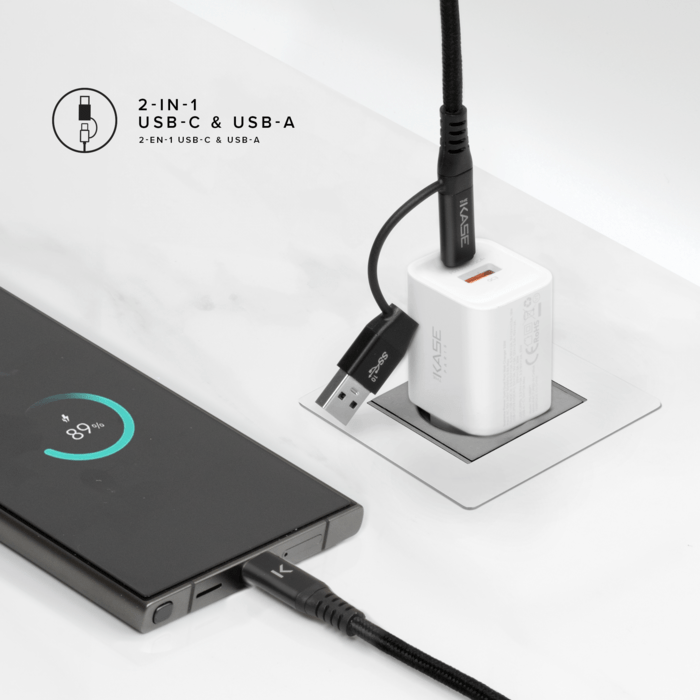 C&acirc;ble tress&eacute; m&eacute;tallique 2-en-1 USB-A & C vers USB-C (USB4 GEN2) fabriqu&eacute; avec des plastiques 100% recycl&eacute;s (1,2M)