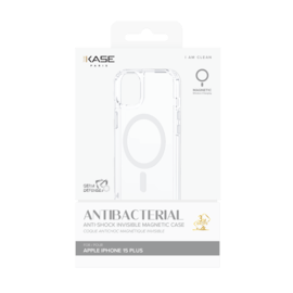 Coque antibactérienne antichoc magnétique invisible pour Apple iPhone 15 Plus, Transparente