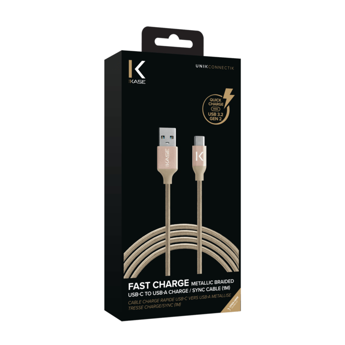 C&acirc;ble USB 3.2 Gen 2 charge rapide USB-C vers USB-A m&eacute;tallis&eacute; tress&eacute; Charge/sync (1M), Or