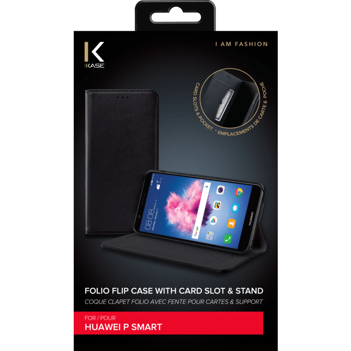 Coque clapet folio avec fente pour cartes & support pour Huawei P Smart, Noir