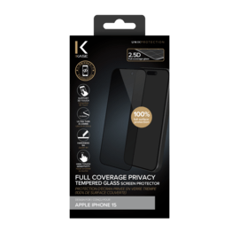 Protection d'&eacute;cran Priv&eacute;e en verre tremp&eacute; (100% de surface couverte) pour Apple iPhone 15, Noir